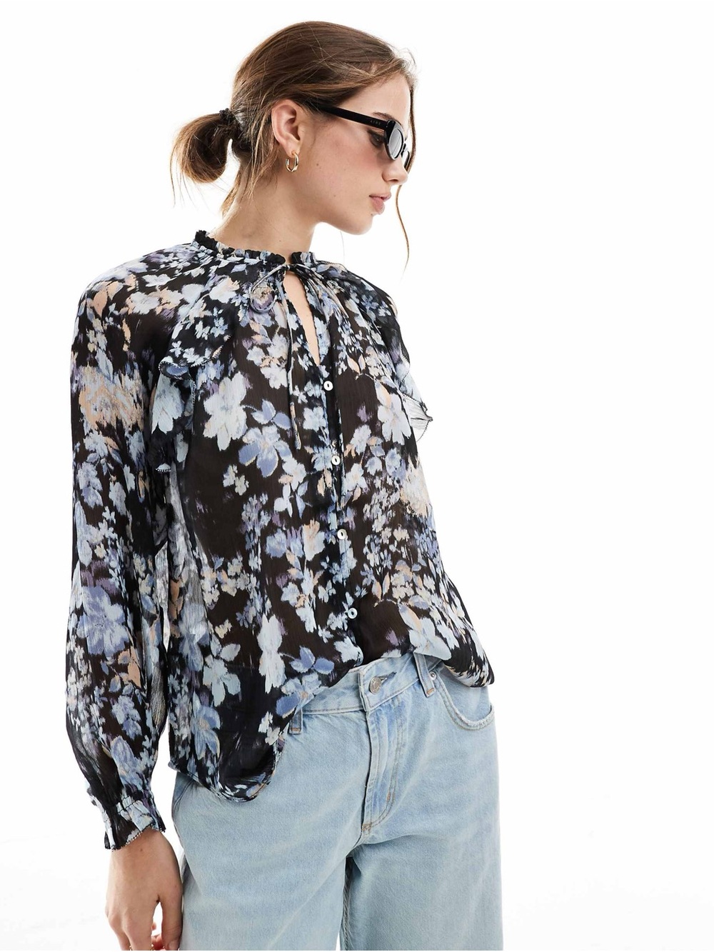 Sheer Floral Tie-Neck Blouse - Black Multi